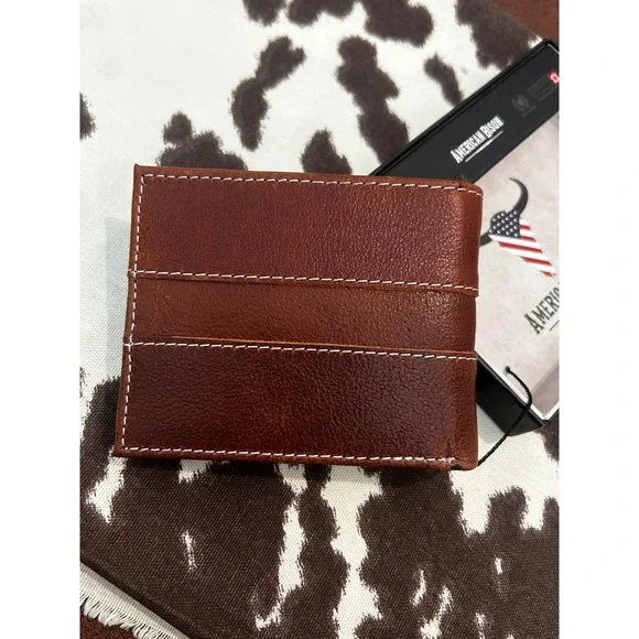 American Bison Mens Genuine Leather Bifold Wallet Brown Western RFID Secure NEW - Picture 6 of 6